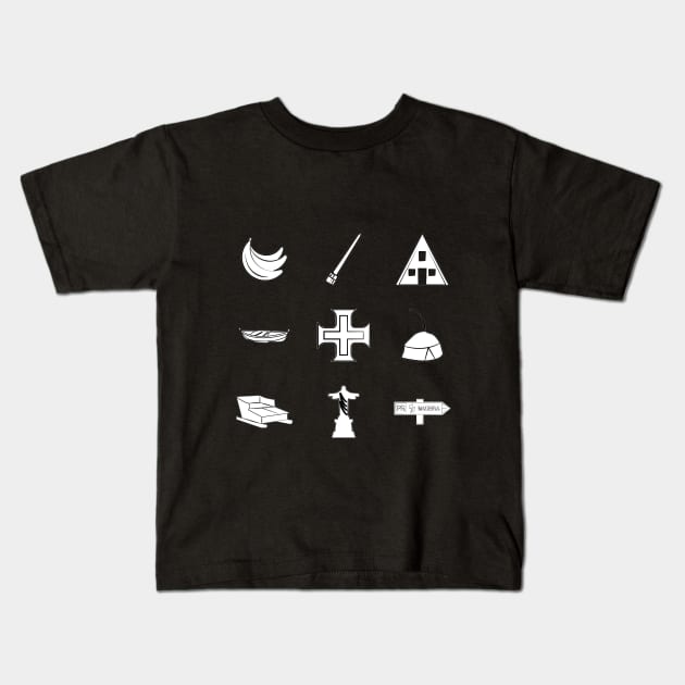 Madeira Island icons: Bananas, Poncha, Santana House, Fishing Boat, Cross, Folklore Hat, Toboggan Ride, Christ the Redeemer and Recommended Walking Route sign (PR) in black & white Kids T-Shirt by Donaby